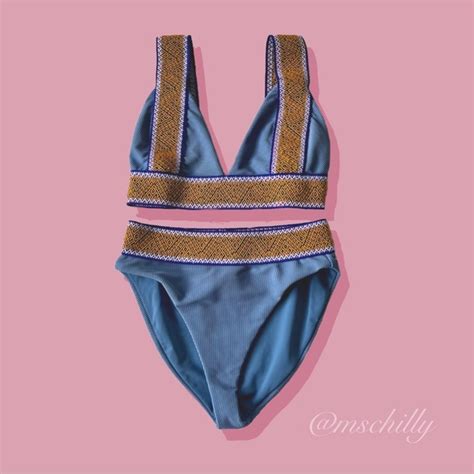 Elysiian Swim Elysiian Slate Blue Gold Ribbed High Waist Woven Bali Bikini Set Poshmark