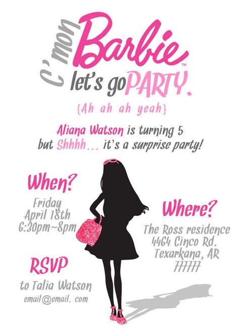 Simple Barbie Invitation Printable Pdf 5x7 By Missmurraydesign Barbie