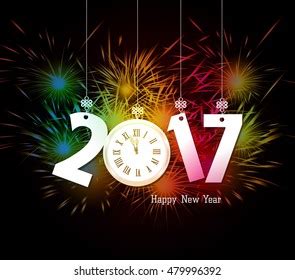 Happy New Year Clock Fireworks Colorful Stock Vector (Royalty Free ...