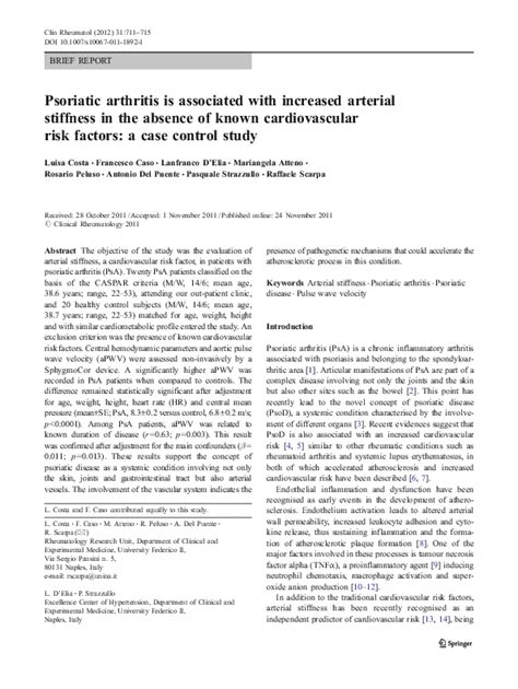 Pdf Psoriatic Arthritis Is Associated With Increased Arterial Stiffness In The Absence Of