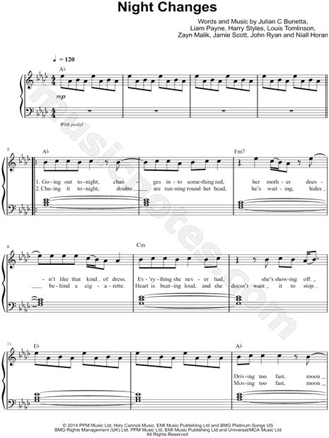 One Direction "Night Changes" Sheet Music (Easy Piano) in Ab Major ...