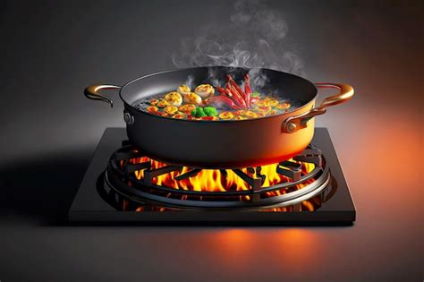 Premium Photo Frying Pan With Cooking Food On Gas Kitchen Stove With