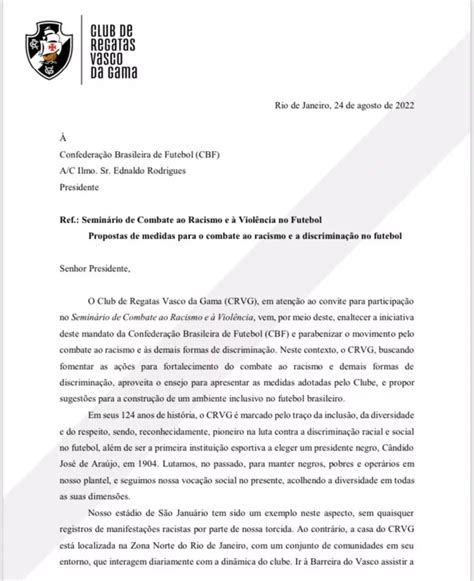 Vasco entrega à CBF documento que visa lutar contra o racismoJogada 10