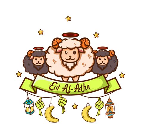 Illustration Of Cute Three Sheep Sheep With Eid Al Adha Mubarak Ribbon With Lantern Hand Drawn