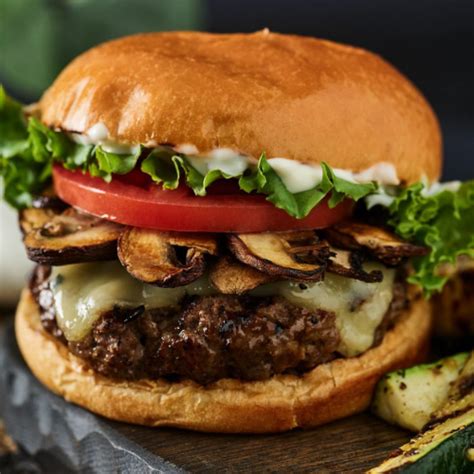 Mushroom Swiss Burger With Jalapeno Aioli Lilac Hedge Farm