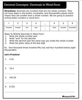 Decimal Concepts- Written Form Notes Page by Impact In Fifth | TPT