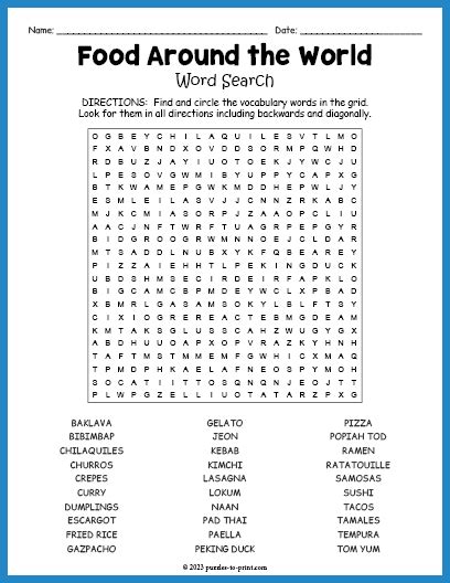 Food Around The World Word Search