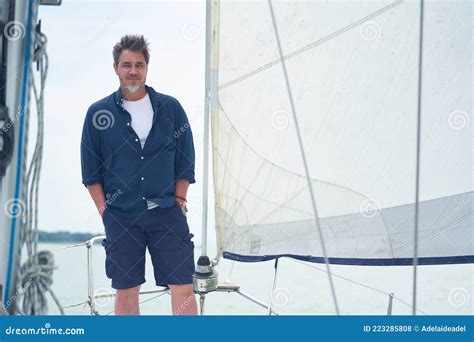 Mature Man Sailing Standing On Sailboat Stock Photo Image Of People Concept 223285808