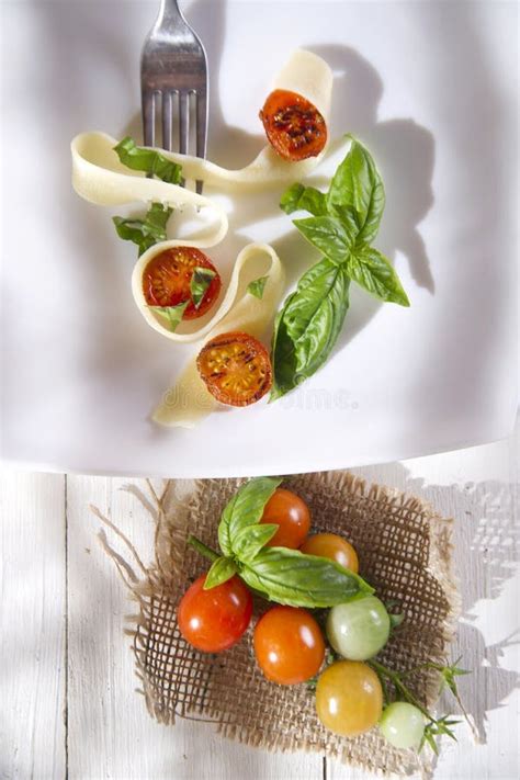 Pappardelle Pasta with Basil and Tomato Stock Image - Image of food ...