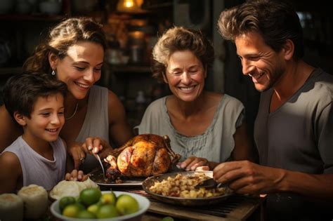 Humilde família latina comendo frango Foto Premium
