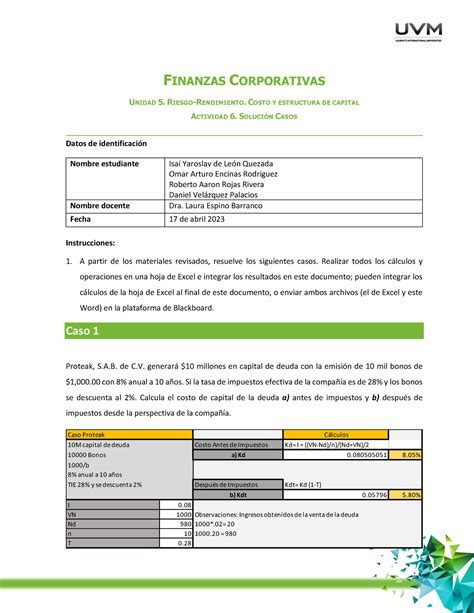 Actividad 6 Ejercicios FINANZAS CORPORATIVAS UNIDAD 5 RIESGO