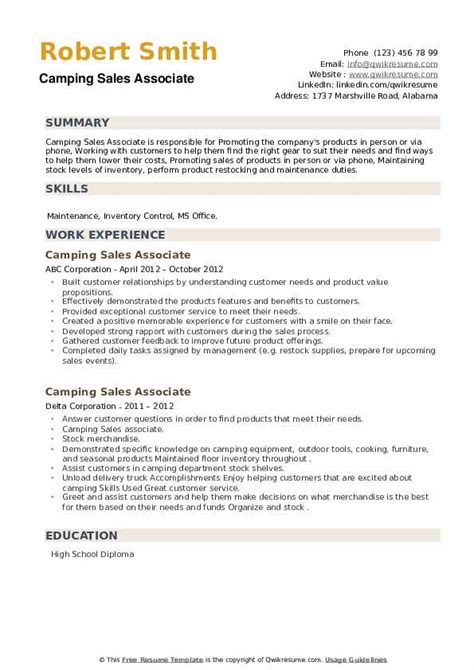 Camping Sales Associate Resume Samples Qwikresume