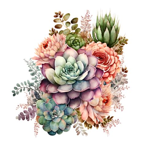 An Arrangement Of Succulents And Other Flowers On A White Background