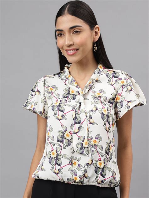 Buy Latin Quarters Floral Print Tie Up Neck Flared Sleeve Opaque Top