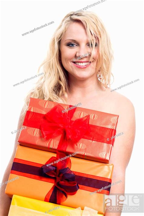 Happy Naked Woman Holding Gift Boxes Isolated On White Background