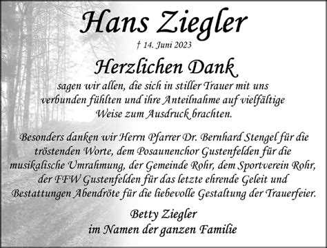 Traueranzeigen Von Hans Ziegler Trauer Nn De