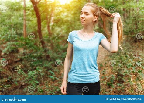 Beautiful Girl Running Through The Woods Morning Jog Athlete Stock