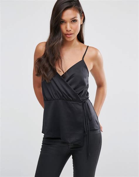 Asos Premium Satin Wrap Front Cami Top With Tie