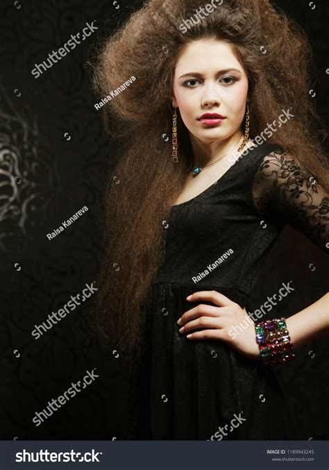 Portrait Beautiful Woman Black Dress Fashion Stock Photo 1189943245