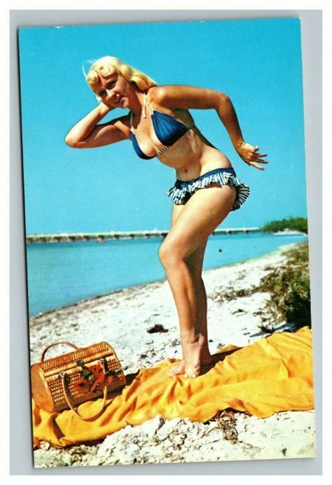 Vintage 1960 S Postcard Beautiful Blonde Woman Bikini Beach Miami Florida United States