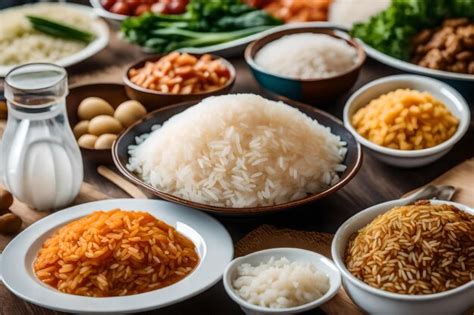 Premium AI Image | A variety of dishes including rice, rice, and beans.