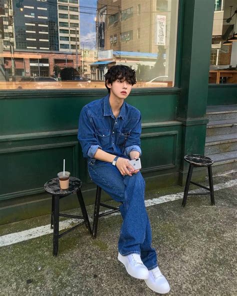 Denim Shirt Men Korean Fashion Men Outfit Cowok Korea Street Style