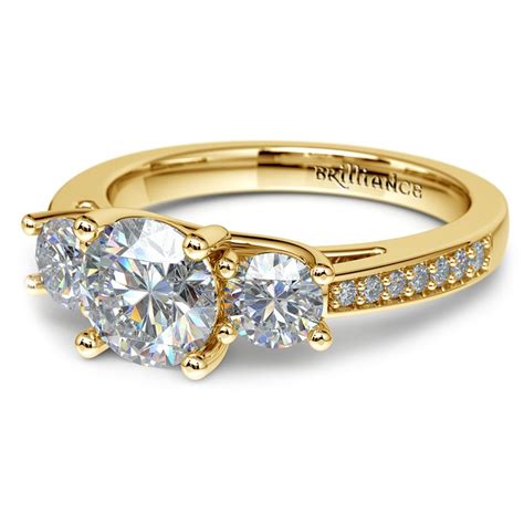 Three Stone Trellis Diamond Engagement Ring In Yellow Gold