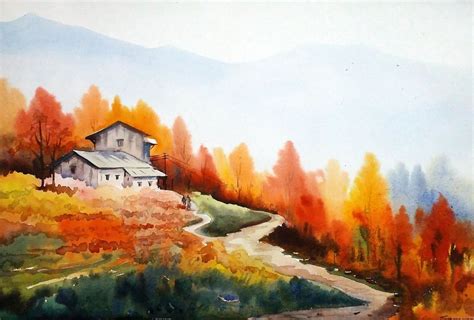 Beauty Of Autumn Landscape Watercolor On Paper Autumn