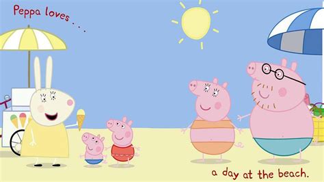 peppa pig george pig mummy pig miss rabbit daddy pig in beach with sun background hd anime ...