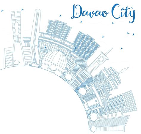 Outline Davao City Philippines Skyline With Blue Buildings And Copy