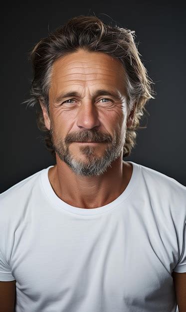 Premium AI Image Portrait Of A Mature Man With A Beard Wearing A Tshirt Smiling Generative AI