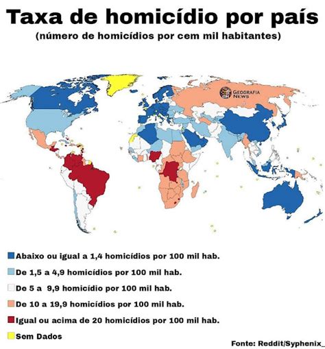 Professor Wladimir Geografia Mapa Mundi Da Taxa De Homicídio Por País