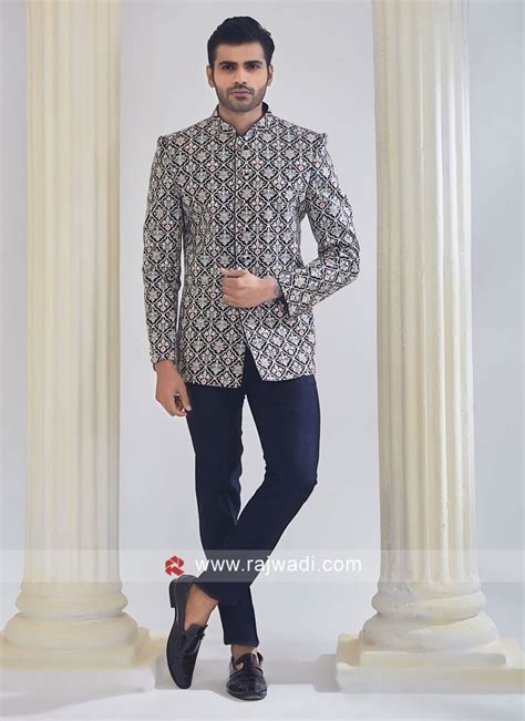 Navy Blue Thread Embroidered Jodhpuri Suit