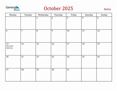 October 2025 - Belize Monthly Calendar with Holidays