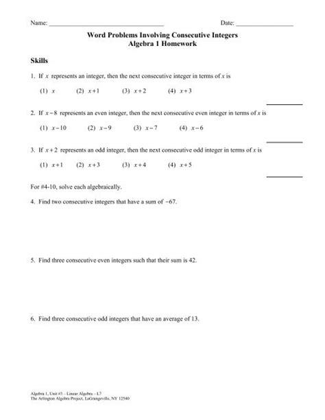 Consecutive Integers Word Problems Worksheet Practice And Mastery