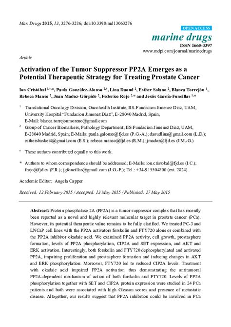 Pdf Activation Of The Tumor Suppressor Pp2a Emerges As A Potential