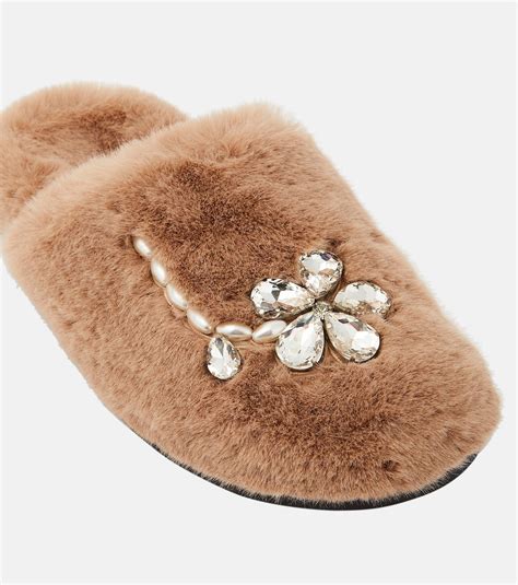 Embellished Faux Fur Slippers In Neutrals Simone Rocha Mytheresa