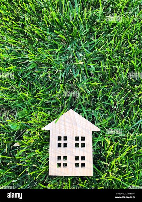 Miniature Wooden House On Green Grass Real Estate Concept Modern Housing Eco Friendly And