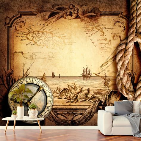 Wallpaper Vintage Nautical Composition Map Compass Wallcovering on Non ...