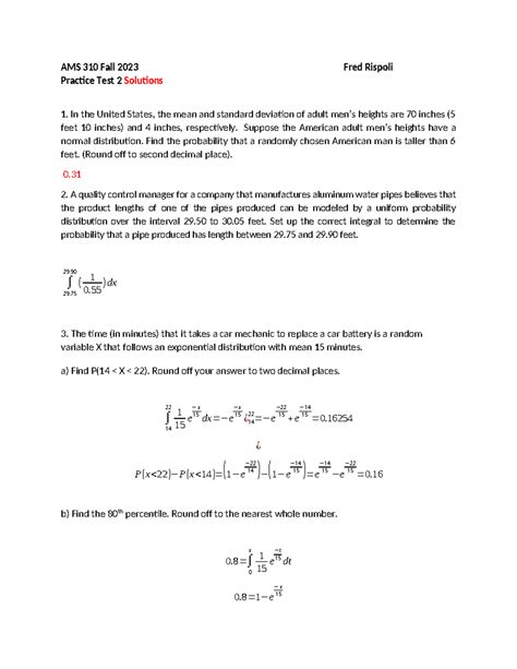 Ams 310 Practice Test 2 Fall 2023 Solutions Ams 310 Fall 2023 Fred