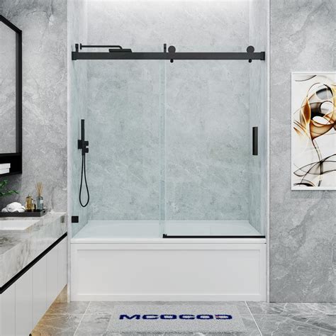 Mcocod 60 In W X 66 In H Single Sliding Frameless Soft Close Tub Door In Matte Black With 38