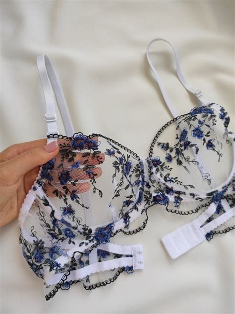 Floral Lace Lingerie Embroidered Lingerie Set Blue Lingerie Set Lingerie With Flowers White Mesh
