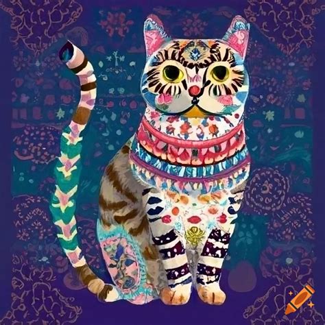 Whimsical Folk Art Illustration Of A Cat With Norwegian Patterns On Craiyon