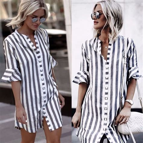 Black White Striped O Neck Dress Mini Shirt Dress Mini Dress Fashion