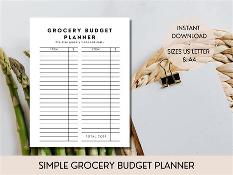 Simple Grocery Budget Planner, Food Item Planner, Finance and Budgeting for Meals, Shopping List ...