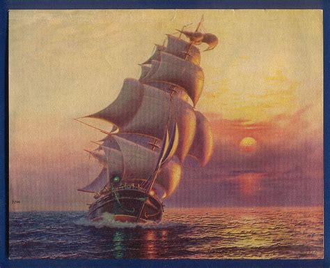 Vintage Art Print Three Masted Sailing Ship At Sunset