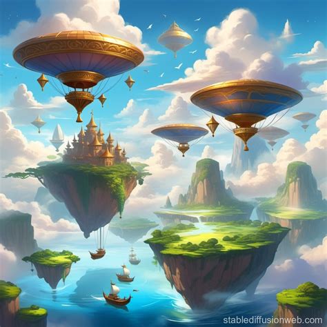 Floating Islands With Flying Ships And Clouds That Hide The Land Below