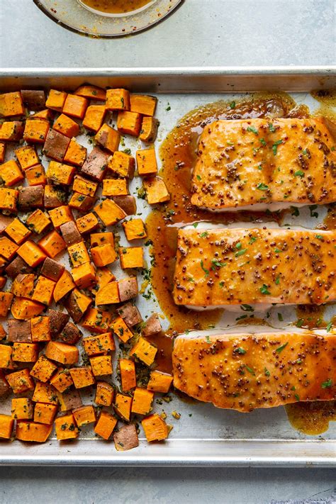 Honey Mustard Salmon With Garlic Butter Sweet Potatoes