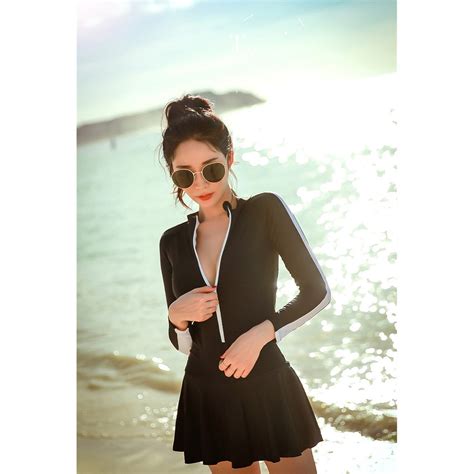 M L XL Đồ Bơi Dài Tay Chống Nắng Che Bụng Bikini Áo Tắm Liền Váy Mảnh Phối Tay Viền Trắng