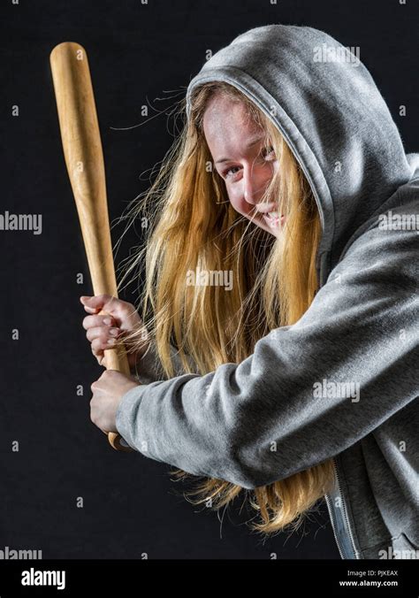 Woman Years Portrait With Baseball Bat Studio Shot Stock Photo